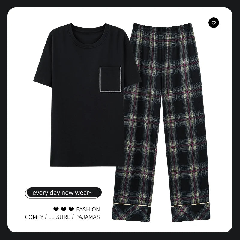 L-5XL Summer Elegant Men Pyjamas Knited Cotton Pajamas Set Long Pant Sleepwear Pyjamas Night Suits Pijamas Plus Size Homewear PJ