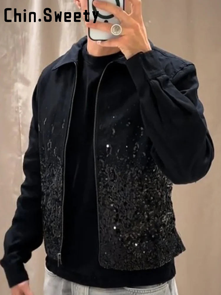 Fashion Sequins Short Jackets Women Gliter Lapel Long Sleeve Zipper Street Jacket Female 2026 Spring Lady Streetwear New