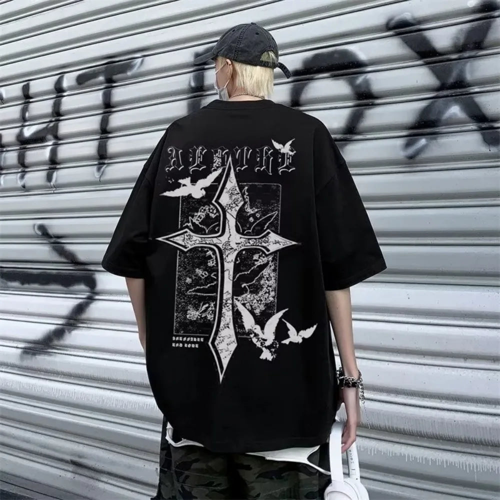 Hot selling trend summer men's cross letter print comfortable and breathable round neck T-shirt outdoor casual high street top