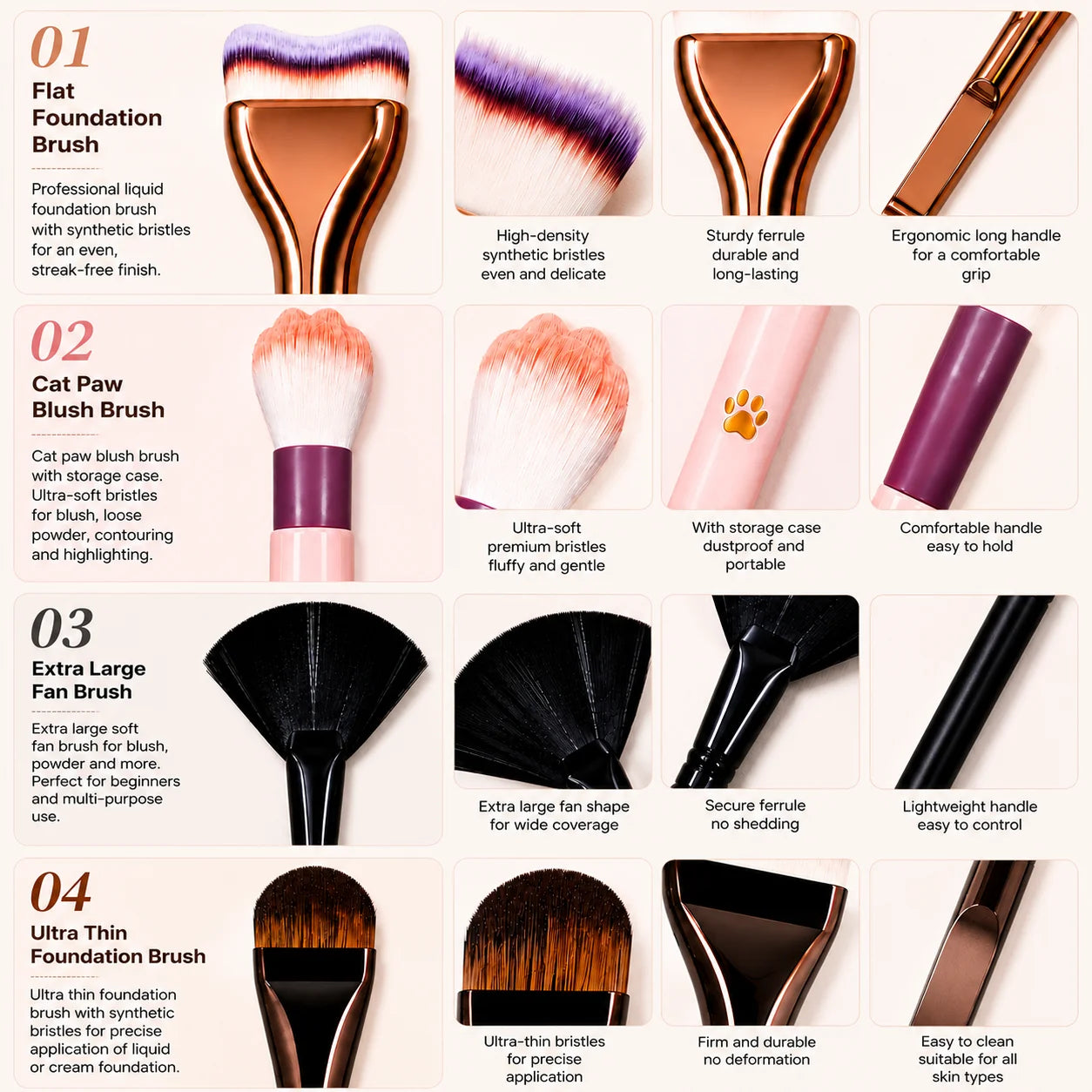 4-Piece Bestselling Makeup Brush Set: Professional Liquid Foundation Brush, Cat Paw Blush Brush, Oversized Fan Brush & Ultra-Thi
