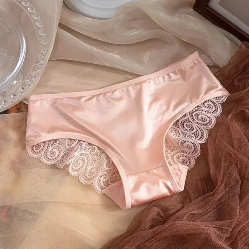 Women's Panties Silk Satin Underwear Lace Sexy Lingerie Breathable Mid Waist Female Briefs Comfortable Panty Underpants
