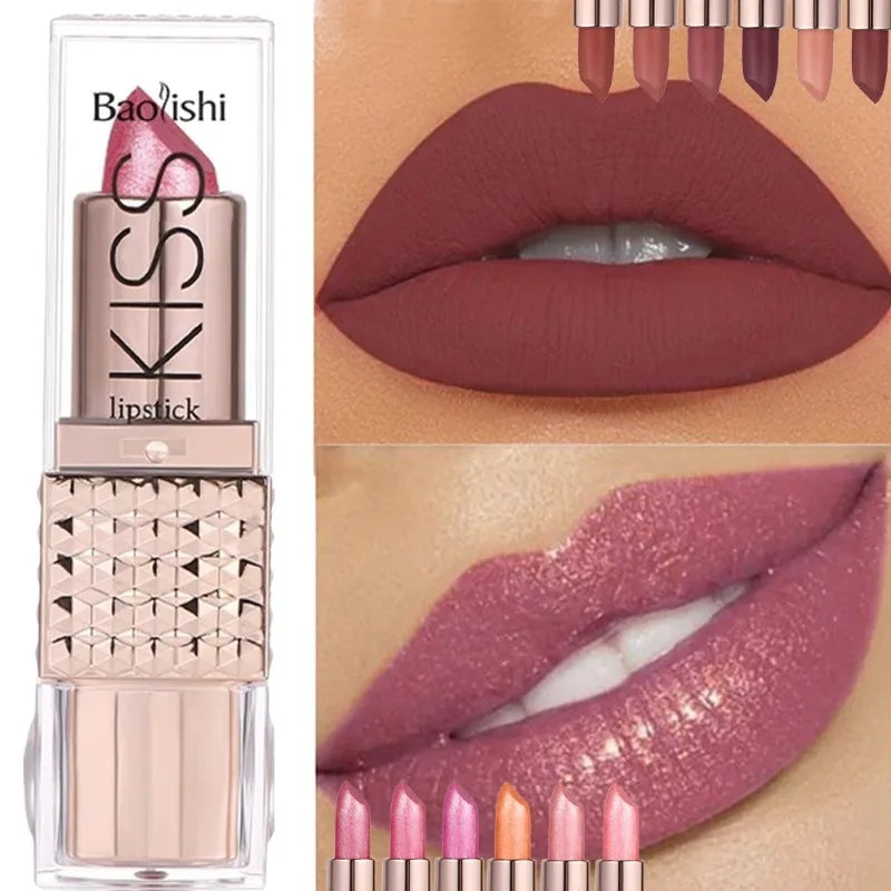 12 Colors Glitter Shiny Lipstick Waterproof Long Lasting Pearlescent Shimmer Lip Tint Diamond Easy Color Lipstick Deluxe Makeup