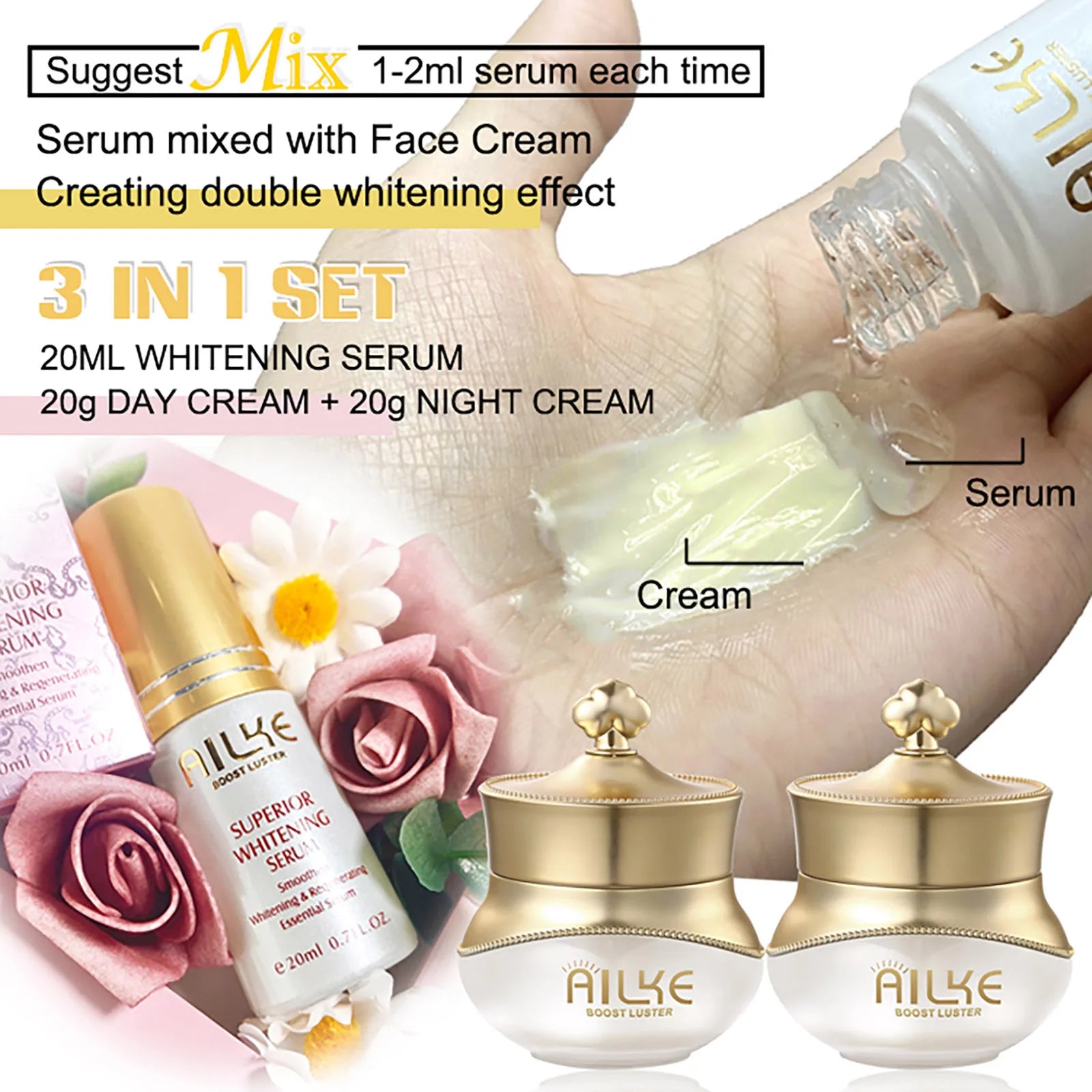 AILKE Whitening Anti-wrinkle Freckle Face Cream With Collagen Hyaluronic Acid Rose Skin Care Women Korean Facial Moisturizer Set