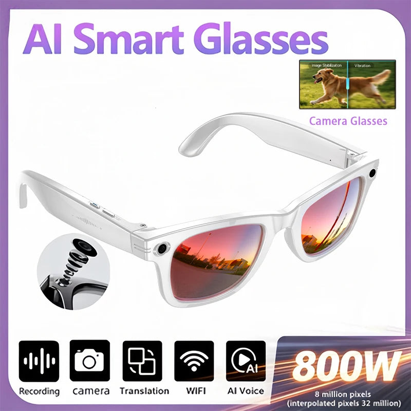 AI Smart Glasses with Camera 4K HD Video and PhotoCapture Real-TimeTranslation Voice Recording Open-Ear Audio Object Recognition