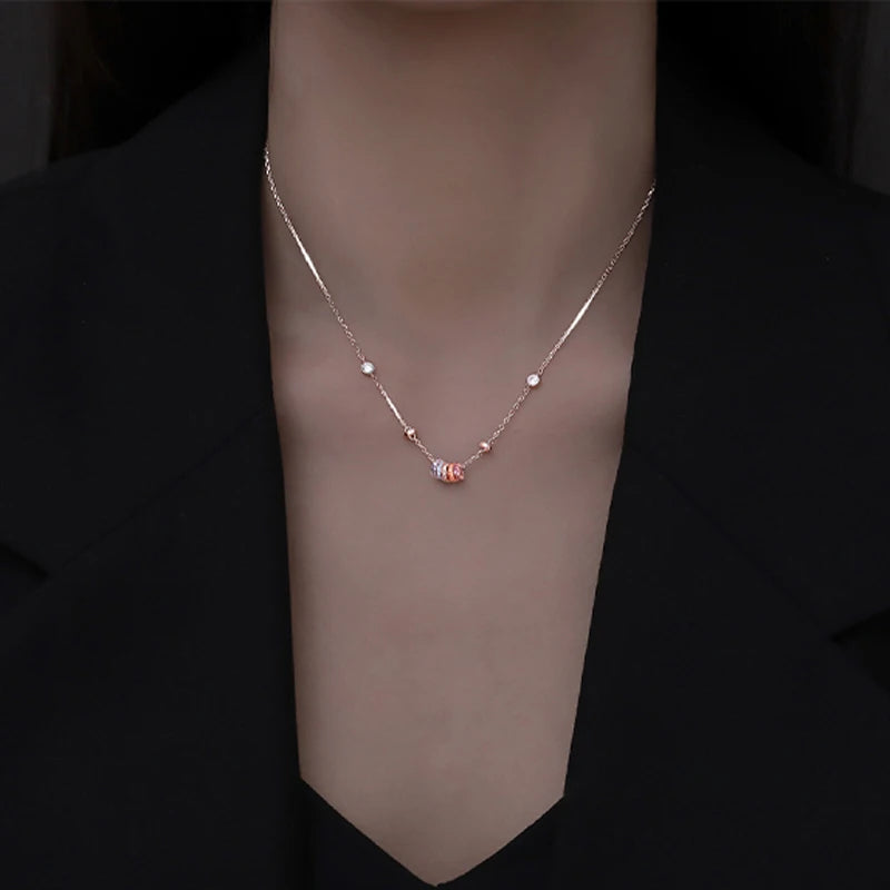 New 925 Sterling Silver Girls Handmade Round Colored Circled Choker Zircon Stone Necklace Simple Shaped Pendant Women's Wedding