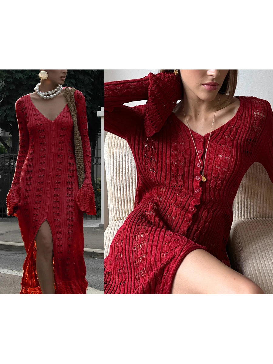 Combhasaki Women Y2K Chic Flare Long Sleeve Aesthetic Button-down V-Neck Ruffle Hem Hollow Out Knitted Long Dress Boho Beachwear