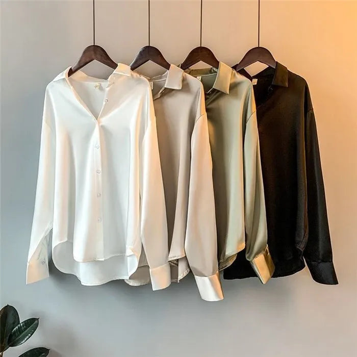 Women’s Turn-Down Collar Satin Blouse Top