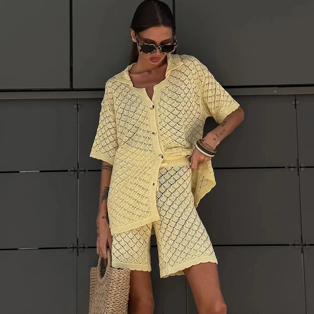 Tuularose Summer Knit Shorts Set New Knit Cardigan Top Casual Shorts Set Beach Vacation Bikini Cover Up Women Shorts Set Outfits