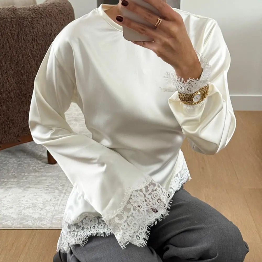 Belted Waist Lace Patchwork Top Flare Sleeve Solid Color Lace-up Top Asymmetrical Design Irregular Hemline Satin Blouse Spring
