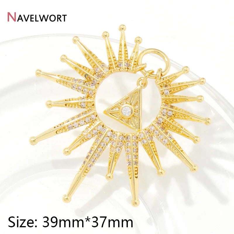18K Gold Plated Brass Sun Charms For Jewelry Making,Jewelry Pendants,Inlaid Zircon Sun Pendants For Necklace Making Findings