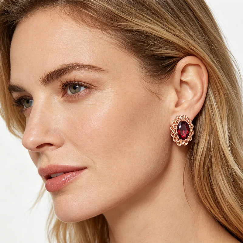 Kinel Hot 585 Rose Gold Color Flower English Earrings For Women Big Oval Red Natural Zircon Accessories Daily Vintage Jewelry