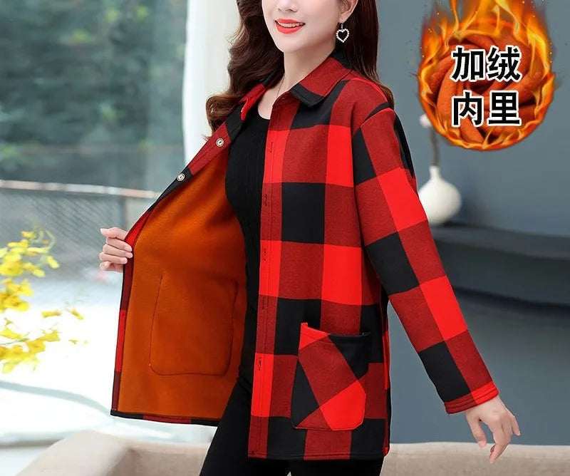 Women's Autumn Winter Long Sleeve Plaid Plus Velvet Shirt Fashion Thick Versatile Elegant Tops Patchwork Pockets Female Clothes