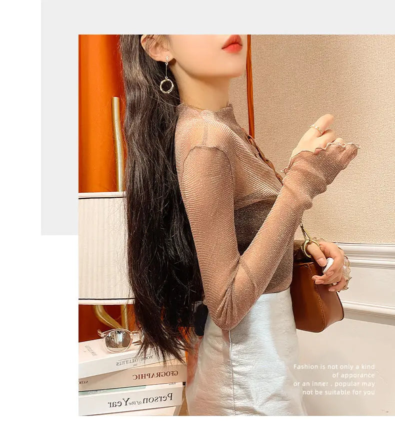 Sexy Women T Shirt See Through Transparent Mesh Tops Long Sleeve Sheer Slim Female Turtleneck Bright Silk T-Shirt Lace Crop Top
