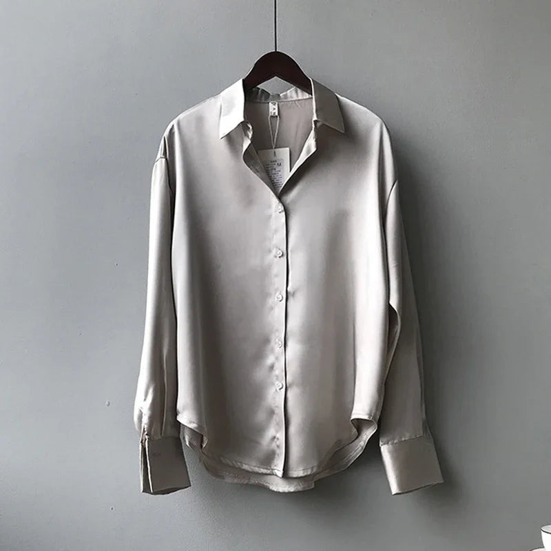 Women’s Turn-Down Collar Satin Blouse Top