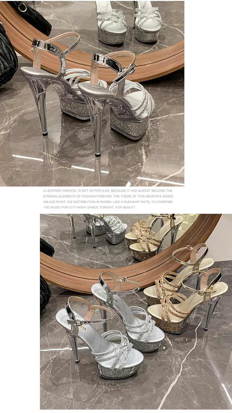 2024 New Women Narrow Band Sandals Transparent Platform High Heels Summer 15CM Stiletto Heels Silvery Sequin Wedding Dress Shoes