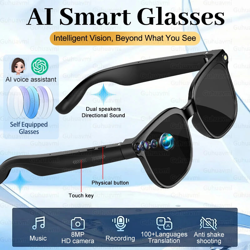 2026New AI Smart Glasses Men Women 800W HD Camera Bluetooth Call 100+Languages Translation Voice Control Music Player Sunglasses