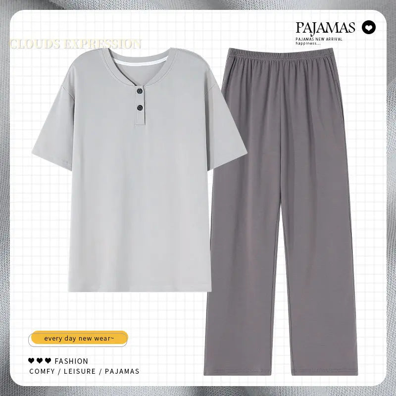 L-5XL Summer Elegant Men Pyjamas Knited Cotton Pajamas Set Long Pant Sleepwear Pyjamas Night Suits Pijamas Plus Size Homewear PJ
