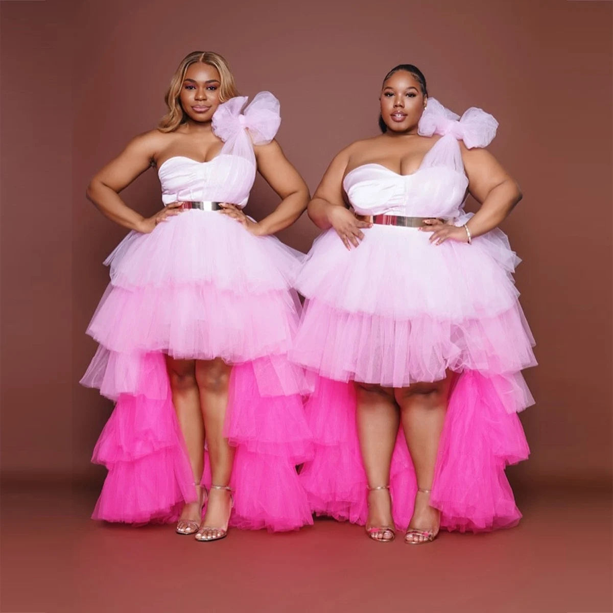 Gorgeous One Shoulder Pink Prom Dresses Tulle Tiered A Line Evening Gowns Women  Wedding Party Dress Formal Wear