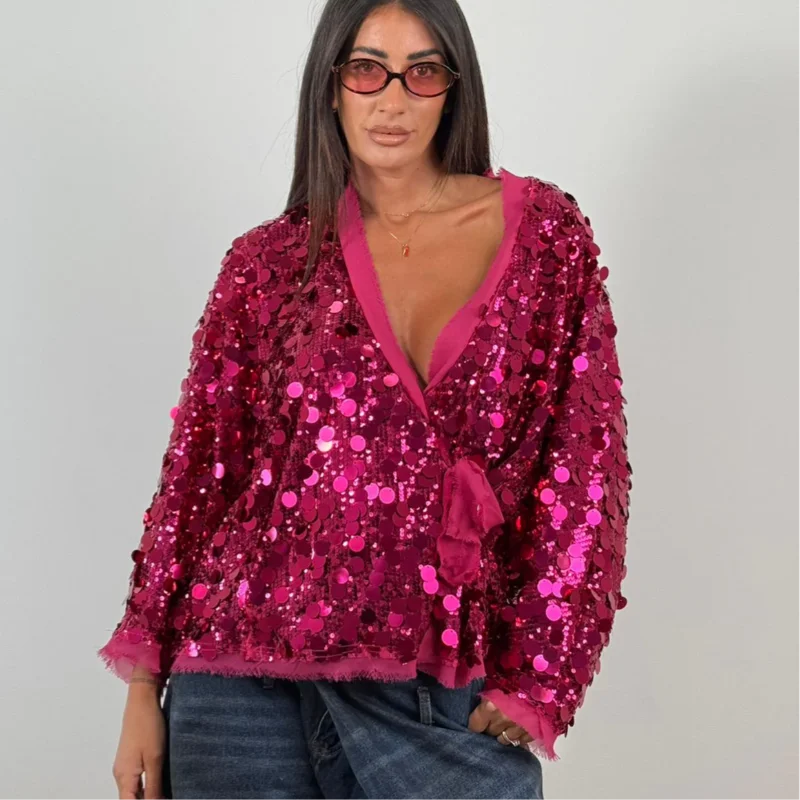 Fashion Sequins Short Jackets Women Gliter Lapel Long Sleeve Zipper Street Jacket Female 2026 Spring Lady Streetwear New