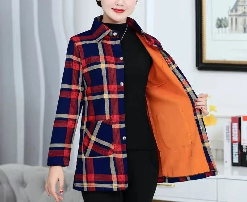 Women's Autumn Winter Long Sleeve Plaid Plus Velvet Shirt Fashion Thick Versatile Elegant Tops Patchwork Pockets Female Clothes