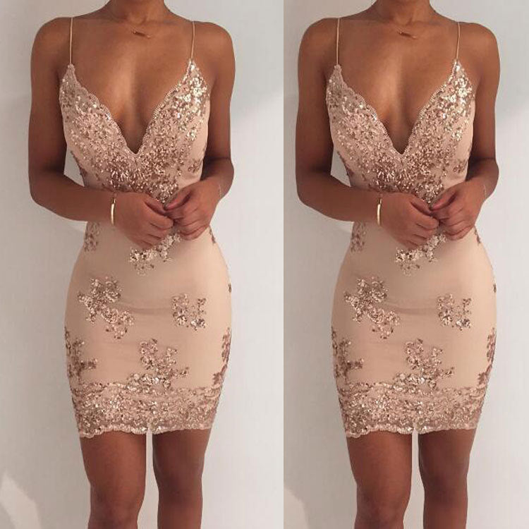 Summer sequin club dress with deep V neckline and backless design, stylish and glamorous by My Store 3.