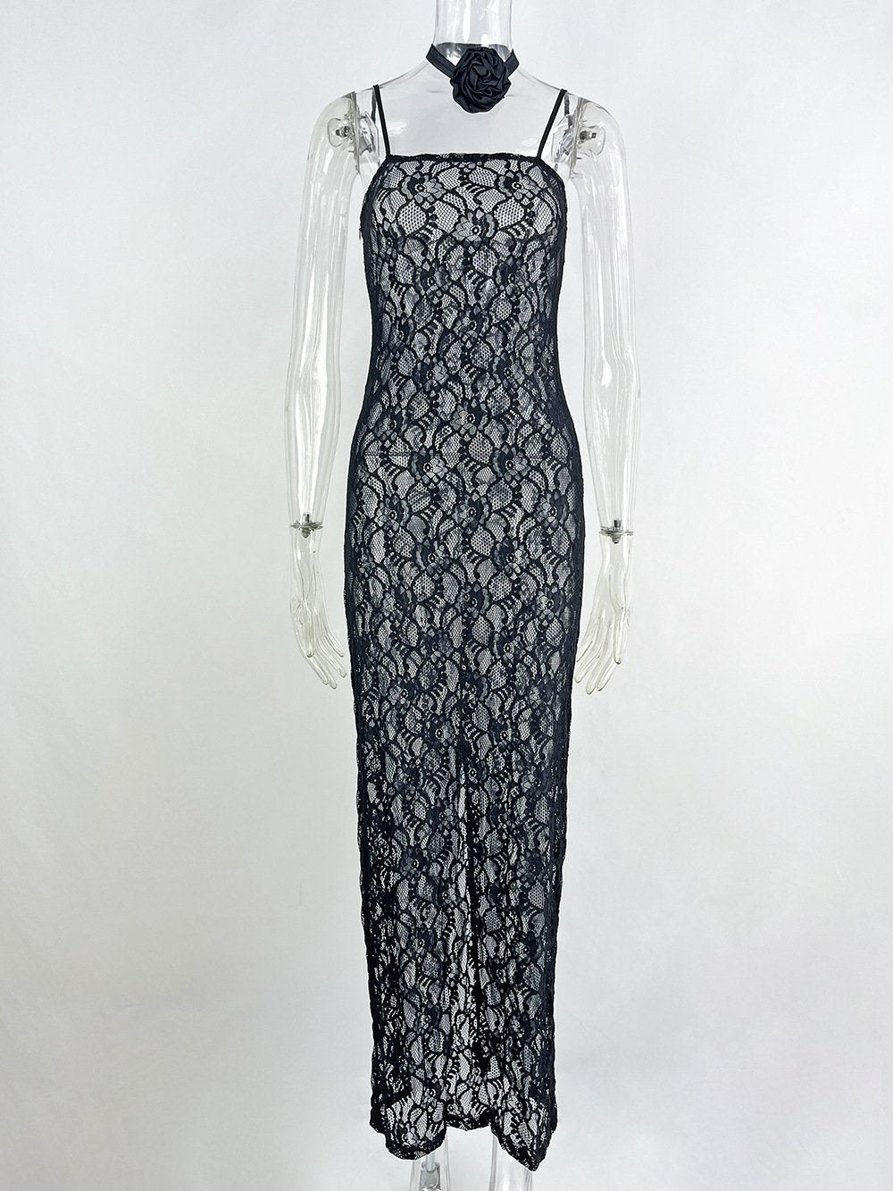 Sling lace sheer slim-fit sheath dress by My Store 3, featuring delicate lace details and a fitted silhouette on a model.