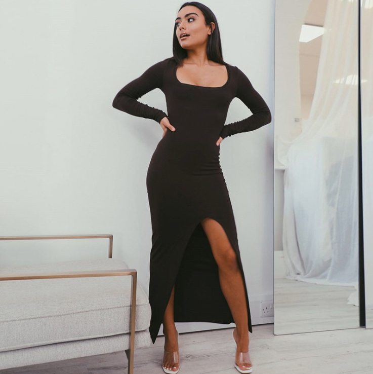 Slim fit dress with square neckline and side slit, stylish women's dress by My Store 3, shown in a sleek, elegant design.