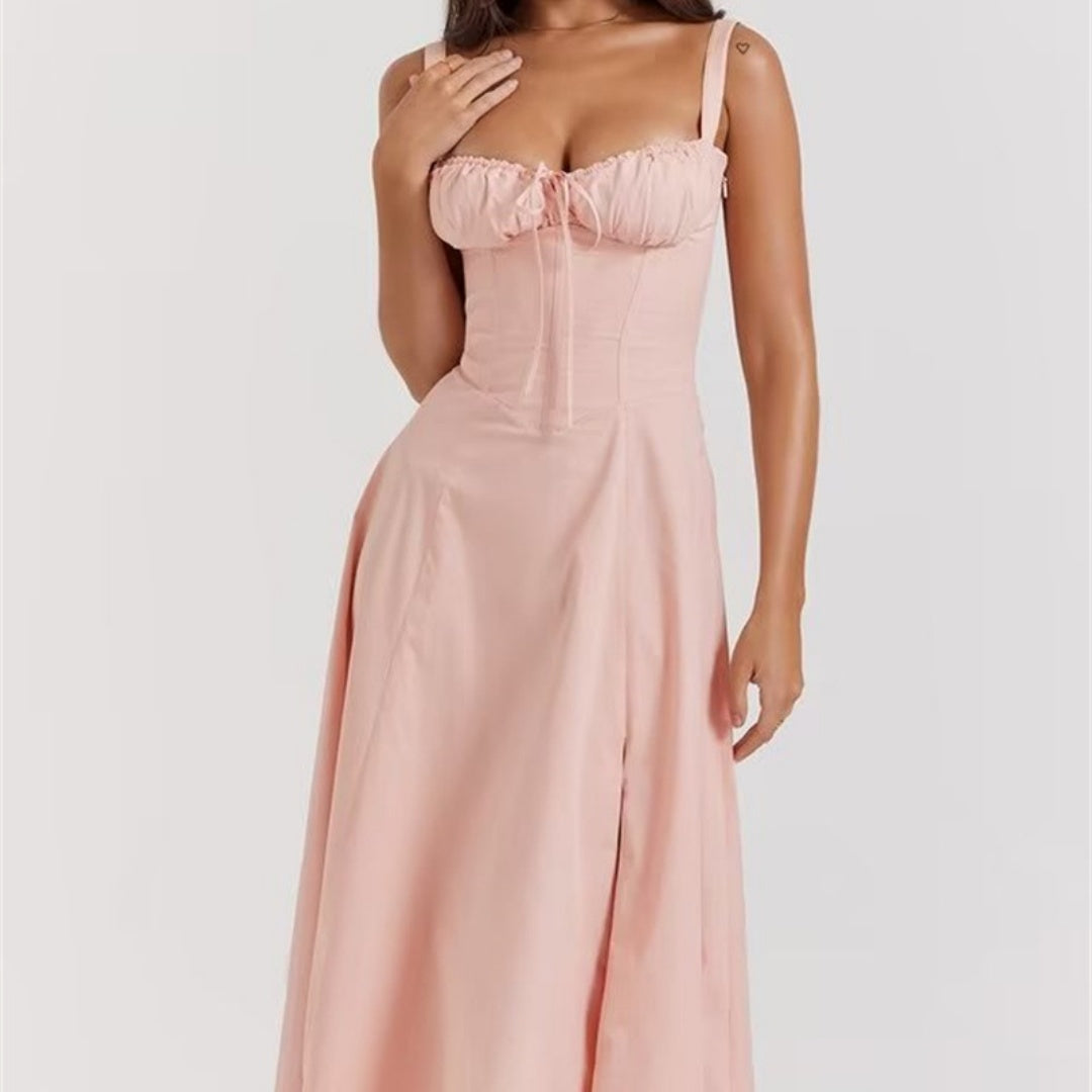 Elegant women's corset lace-up slim fit sling dress featuring a fitted silhouette and intricate lace-up details.