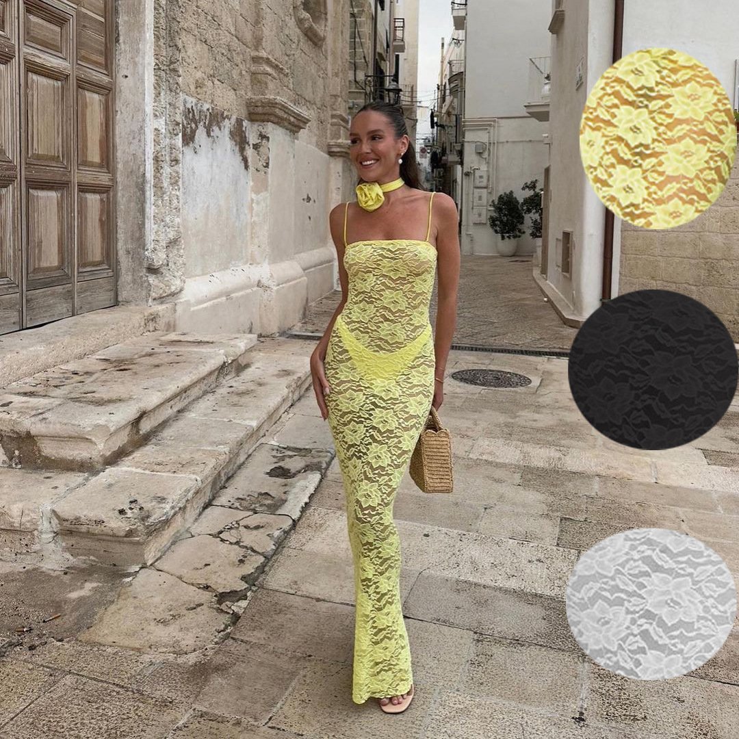 Slim-fit sling lace sheer sheath dress by My Store 3, featuring intricate lace details and a sleek, figure-hugging silhouette.