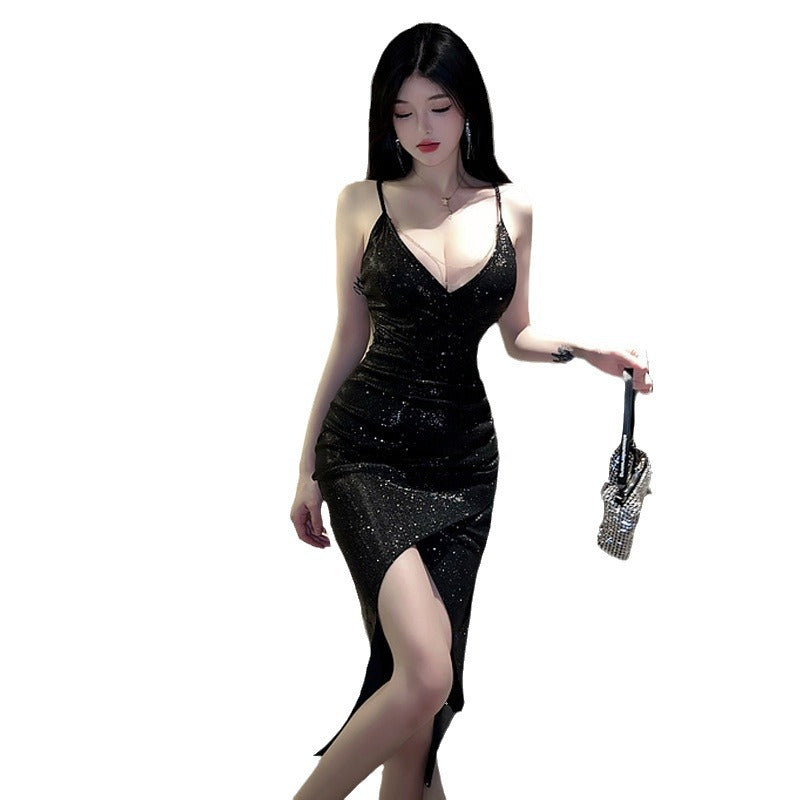 My Store 3 nightclub dress featuring a low V-neckline and high slit, form-fitting black evening dress with stylish design.