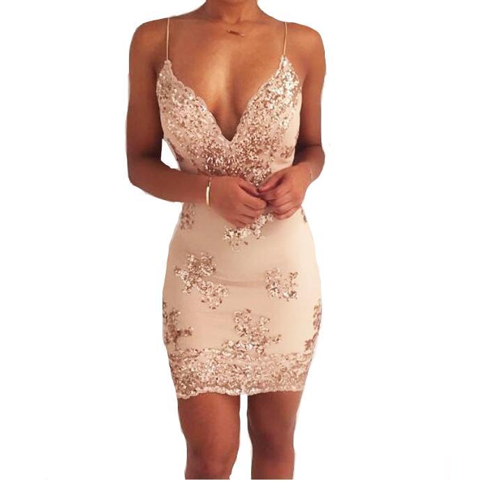 Summer sequin club dress by My Store 3 featuring a deep V neck and backless design, shown on a model.