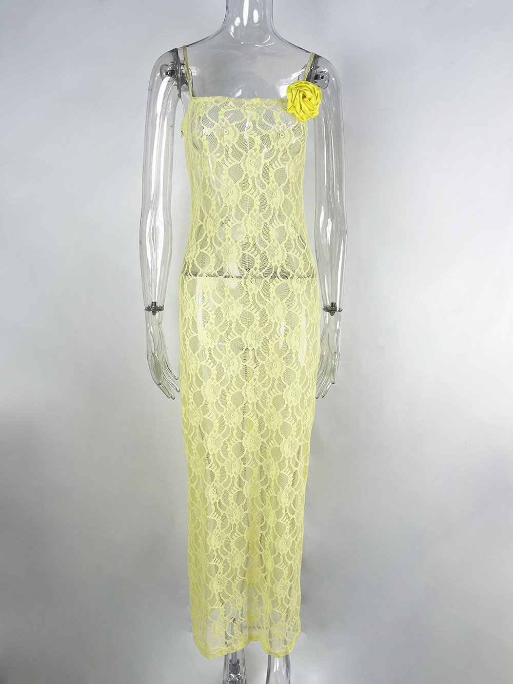 Sheer slim-fit sheath dress with lace details from My Store 3, featuring a sleek, elegant design and a flattering silhouette.