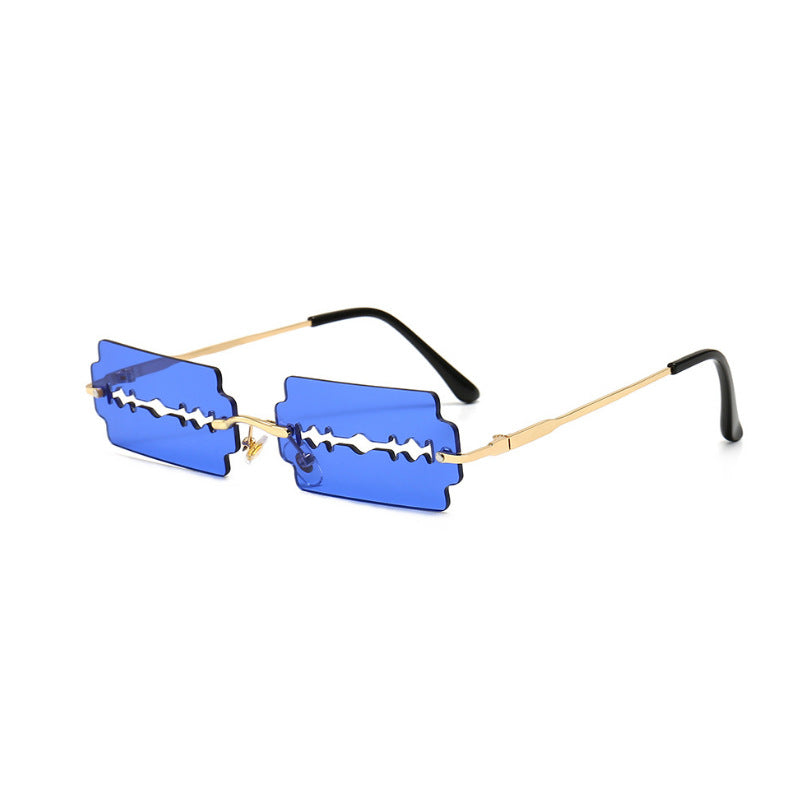 Trendy hollow blade style sunglasses with sleek black frame and dark lenses, perfect for fashion-forward wearers.