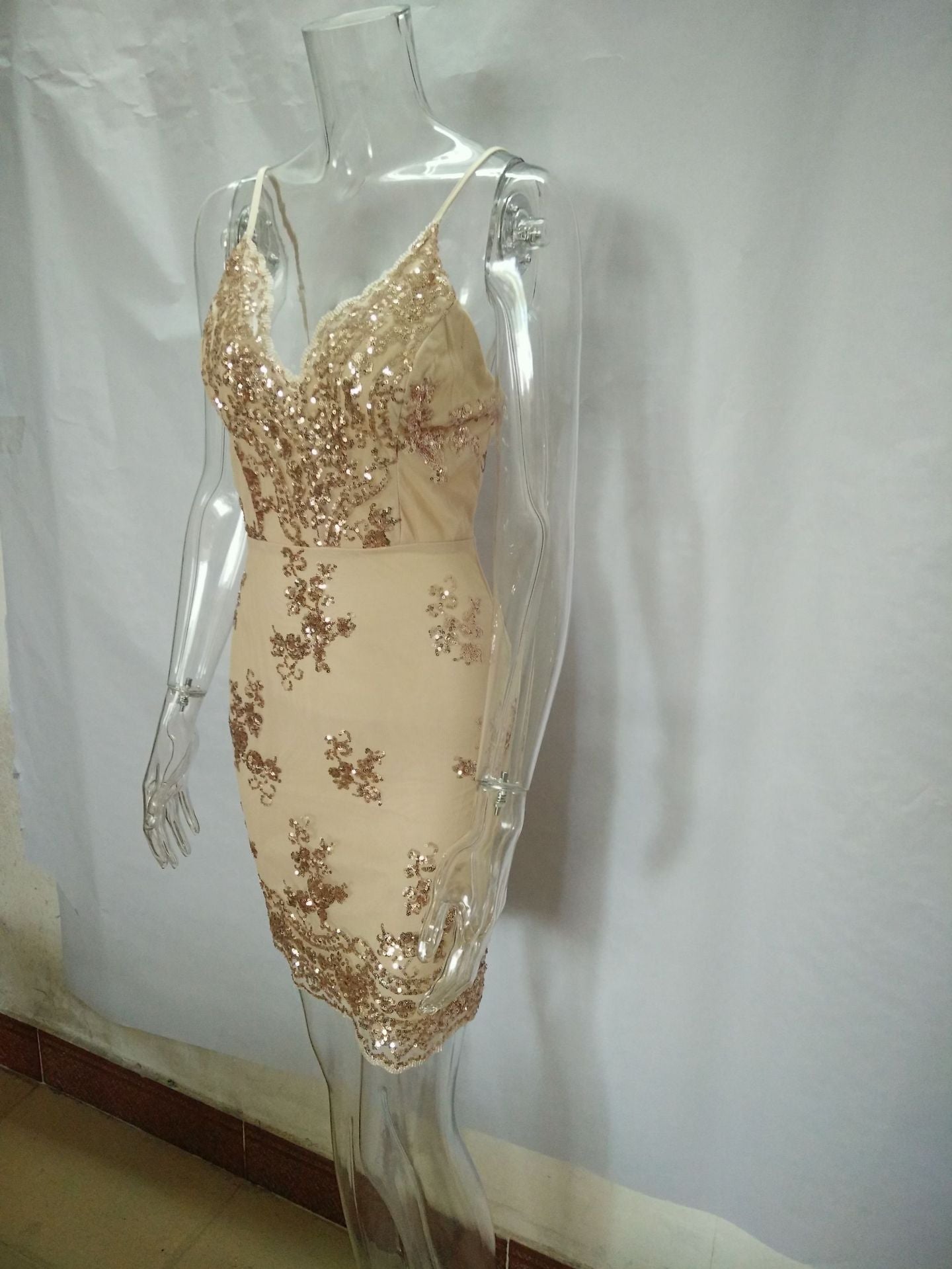 Summer sequin club dress with deep V neck and open back, stylish and glamorous by My Store 3.